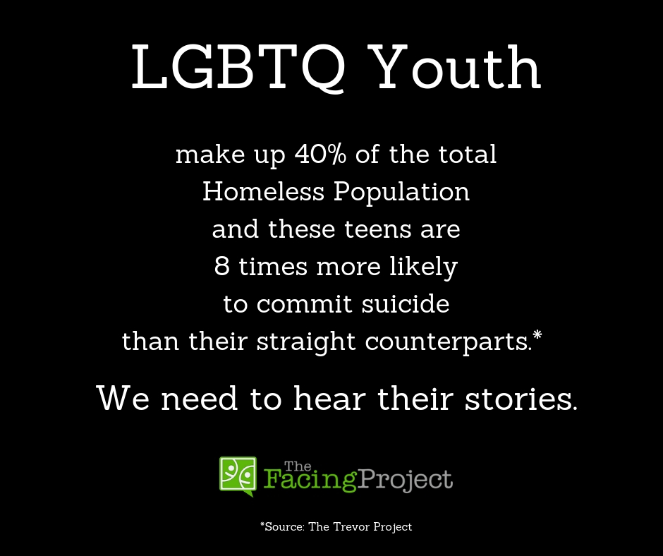 LGBTQ Youth make up 40% of the homeless population and these kids are 8x more likely to commit suicide then their straight counterparts